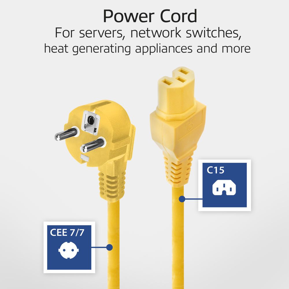 ACT Powercord mains connector Schuko CEE 7/7 male (angled) - C15 IEC 60320 1m Yellow