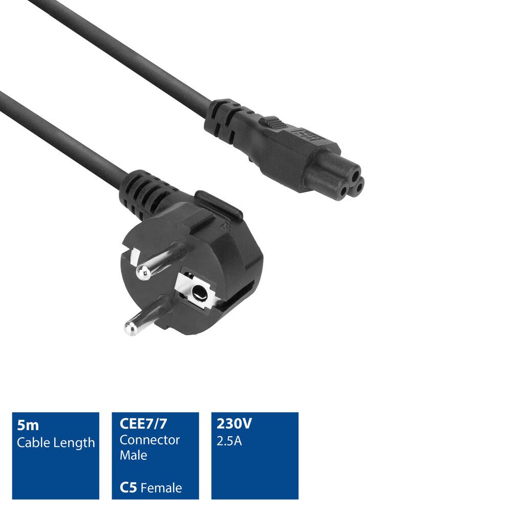 ACT Powercord mains connector Schuko CEE 7/7 male (angled) - C5 IEC 5m Black