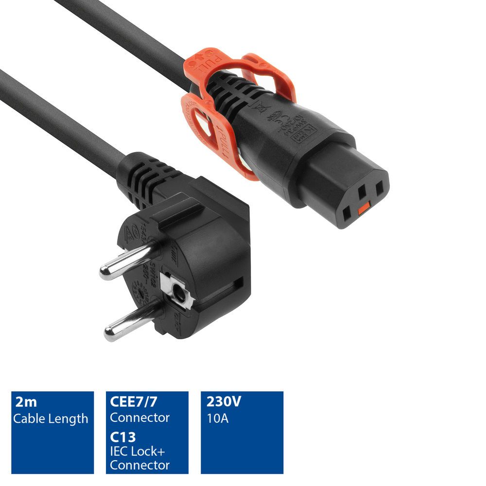 ACT Powercord Schuko CEE 7/7 male (angled) - C13 IEC Lock+ 2m Black