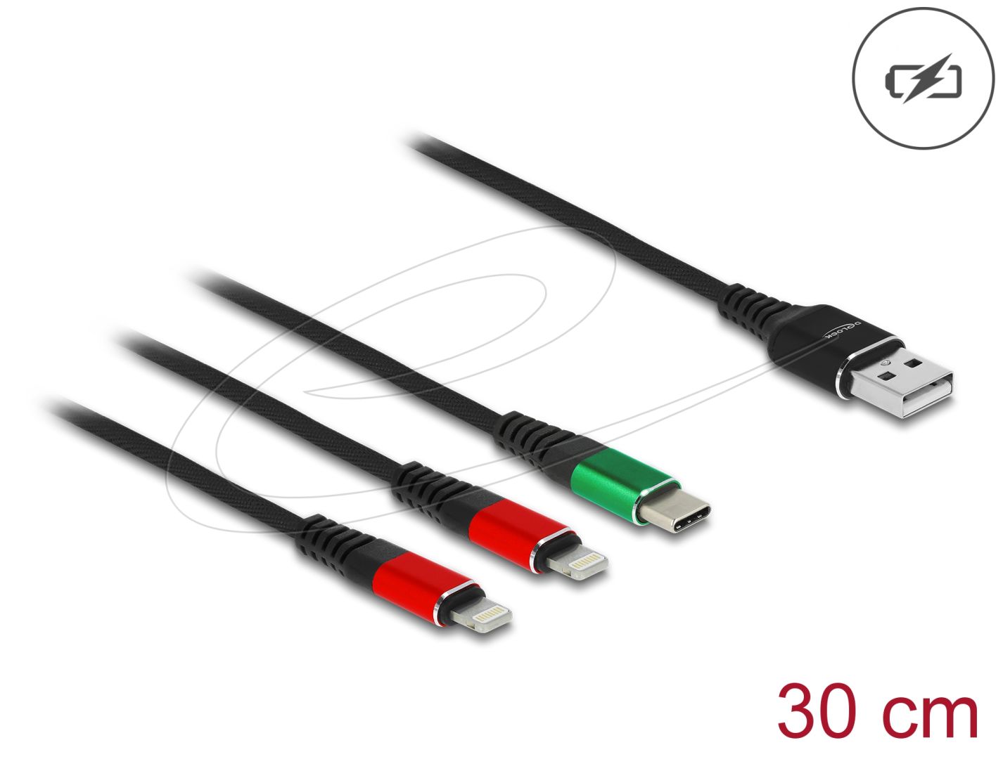 DeLock USB Charging Cable 3 in 1 Type-A to 2 x Lightning / USB Type-C 0,3m Black