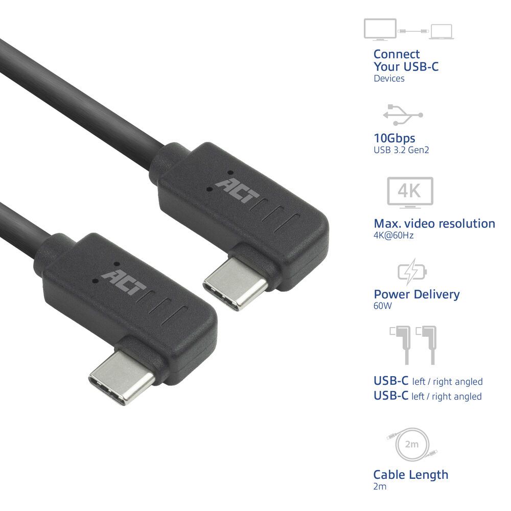 ACT USB 3.0 60W USB Type-C (left/right angled) to USB Type-C (left/right angled) Cable 2m Black