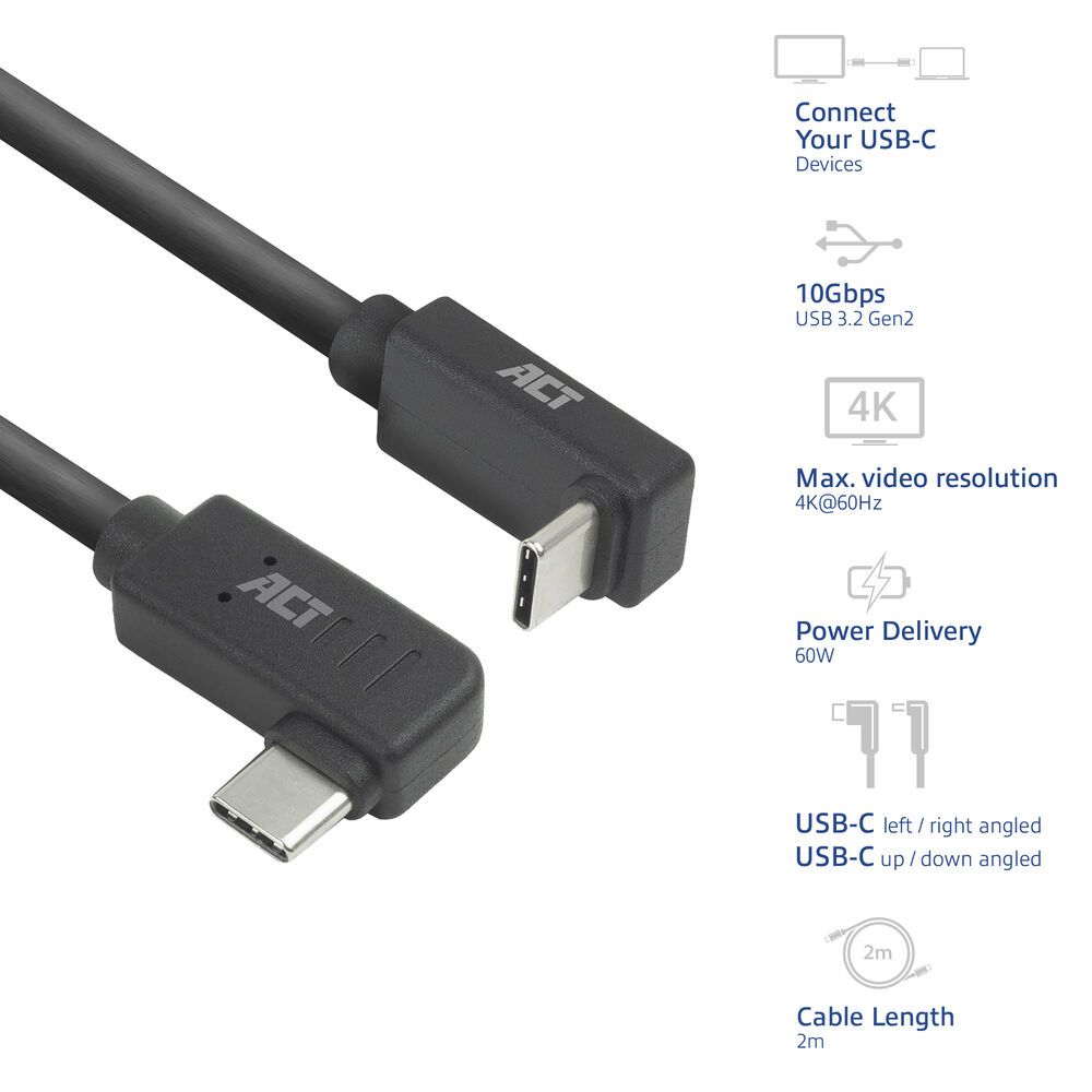 ACT USB 3.0 60W USB Type-C (left/right angled) to USB Type-C (up/down angled) Cable 2m Black