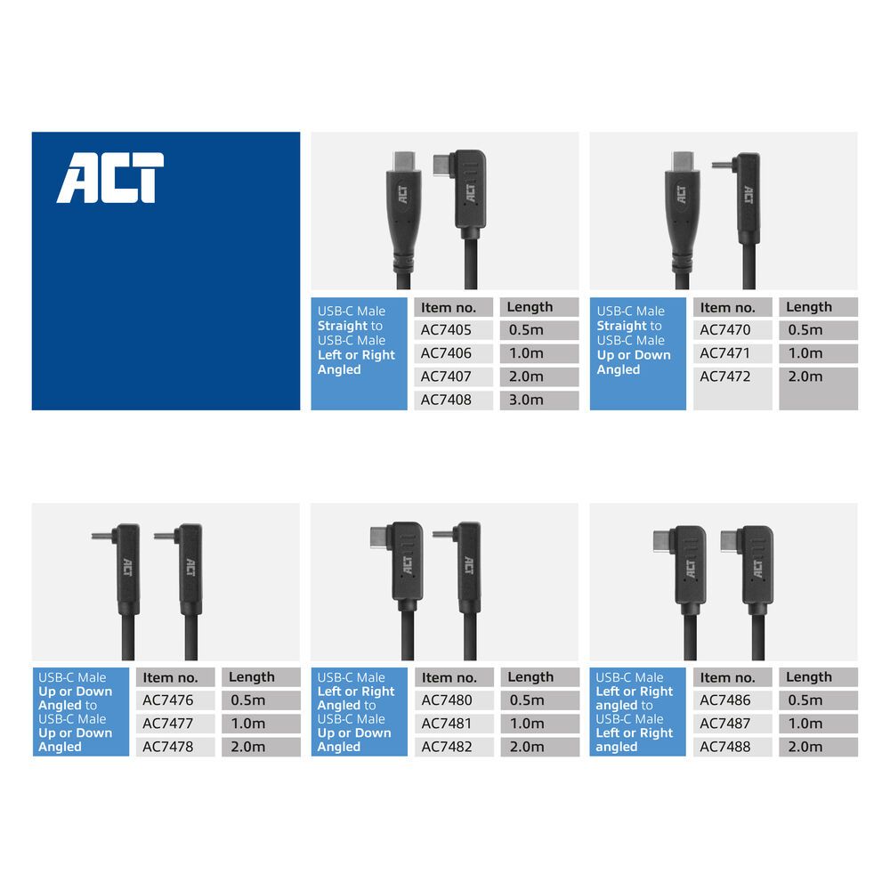 ACT USB 3.0 60W USB Type-C (left/right angled) to USB Type-C (up/down angled) Cable 2m Black
