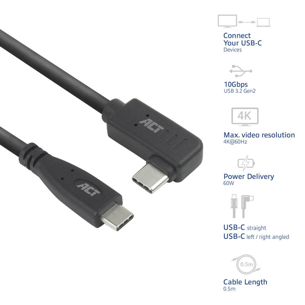 ACT USB 3.0 60W USB Type-C (straight) to USB Type-C (left/right angled) Cable 0,5m Black