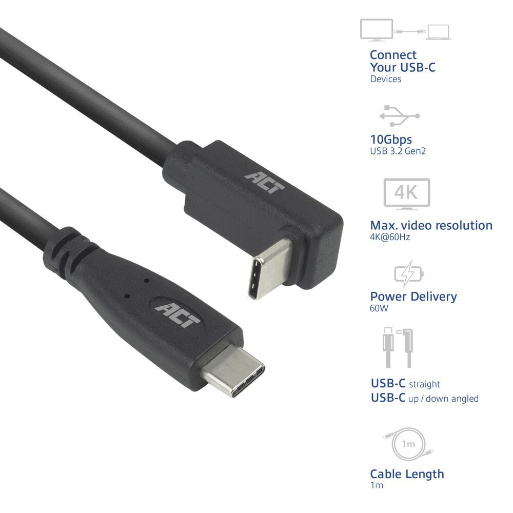 ACT USB 3.0 60W USB Type-C (straight) to USB Type-C (left/right angled) Cable 1m Black