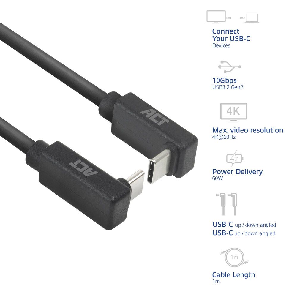 ACT USB 3.0 60W USB Type-C (up/down angled) to USB Type-C (up/down angled) 1m Black