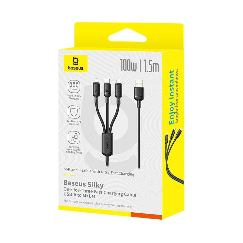 Baseus Silky One-for-Three Fast Charging Cable USB-A to Micro Lightning Type-c 100W 1,5m Cosmic Black