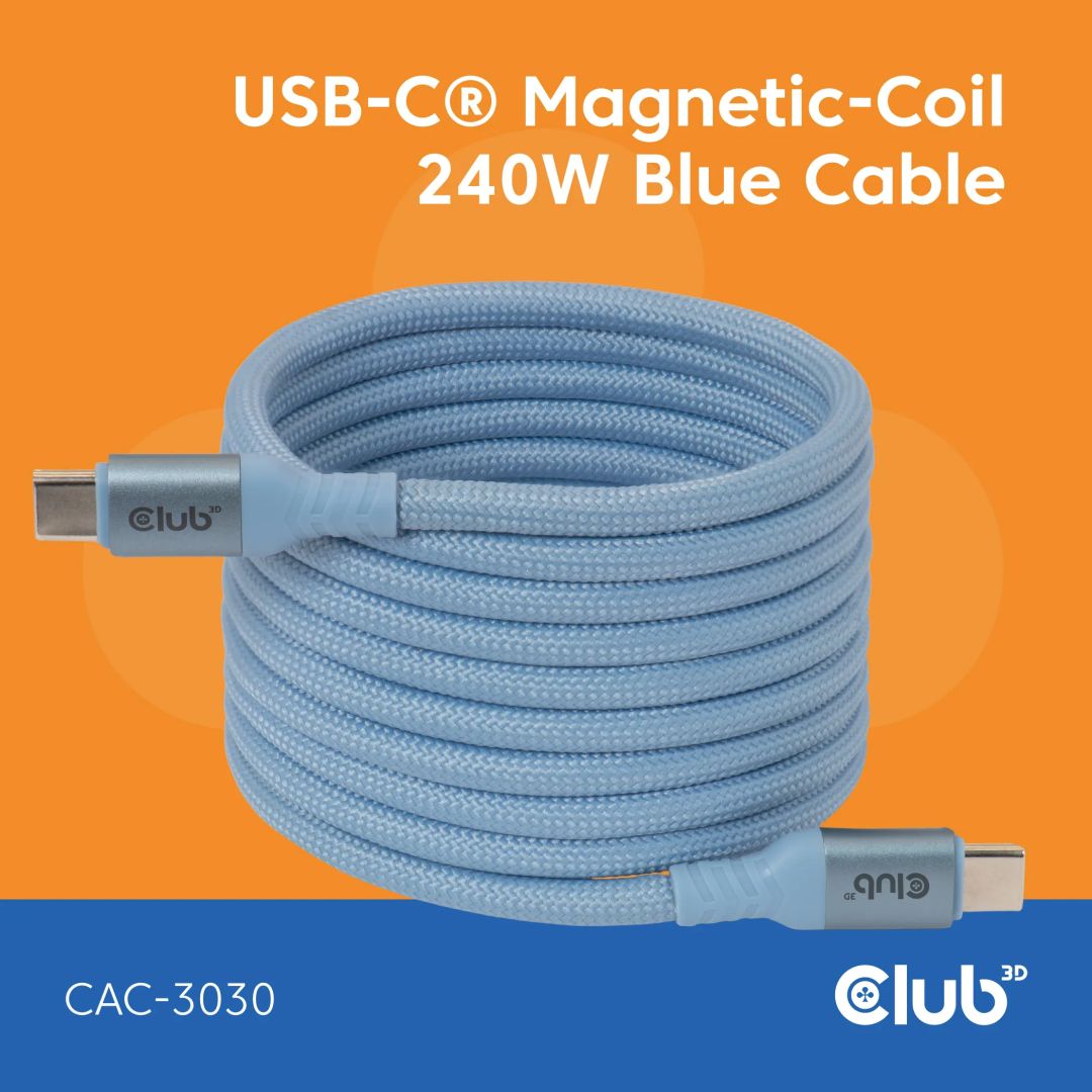 Club3D CAC-3030 USB-C Magnetic-Coil 240W Cable 2m Blue