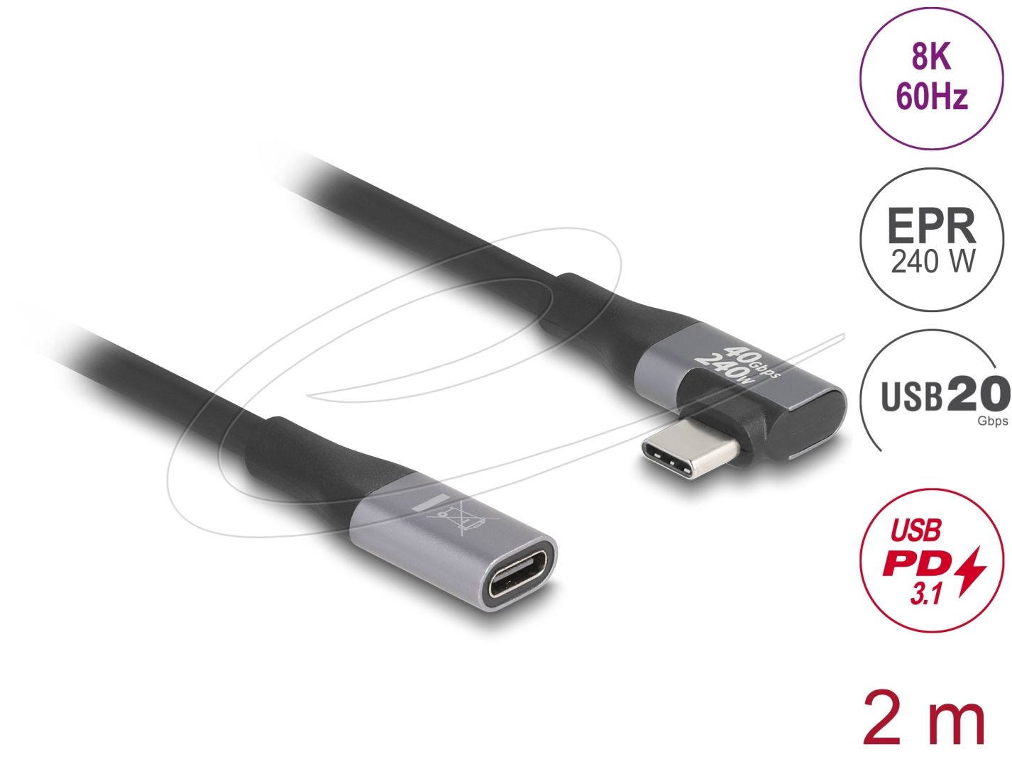 DeLock USB 20 Gbps extension cable angled left / right USB PD 3.1 2m Black