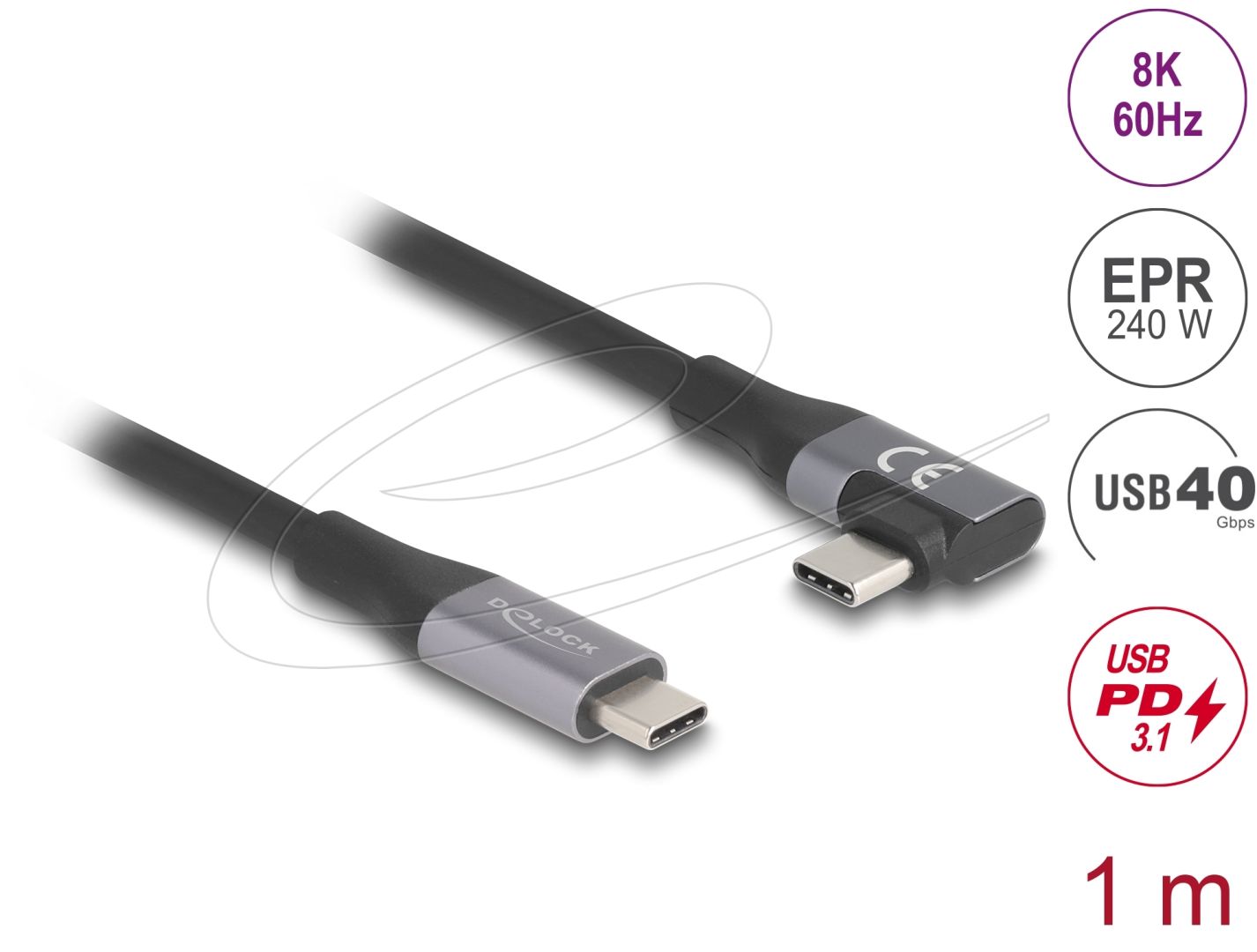 DeLock USB 40 Gbps cable angled left / right USB PD 3.1 Extended Power Range 240W 1m Black