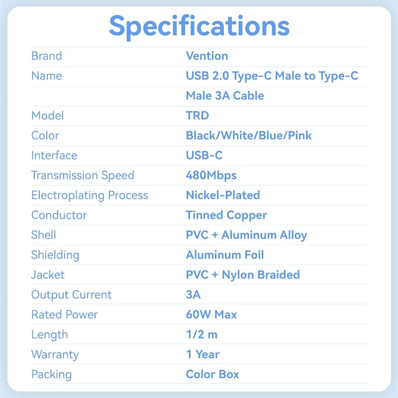 Vention USB 2.0 Type-C Male to Type-C Male 3A Cable 2m White