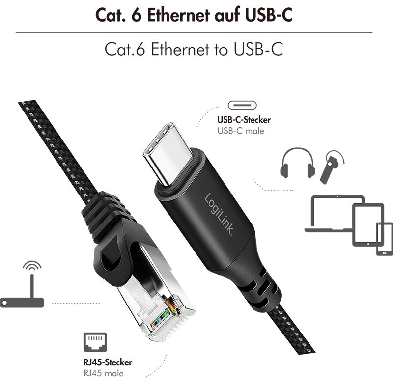 Logilink USB 3.2 Type-C Ethernet cable 7,5m Black/Grey