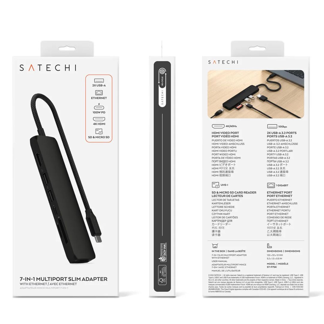 Satechi 7-in-1 USB-C Slim Multiport Adapter with Ethernet Black