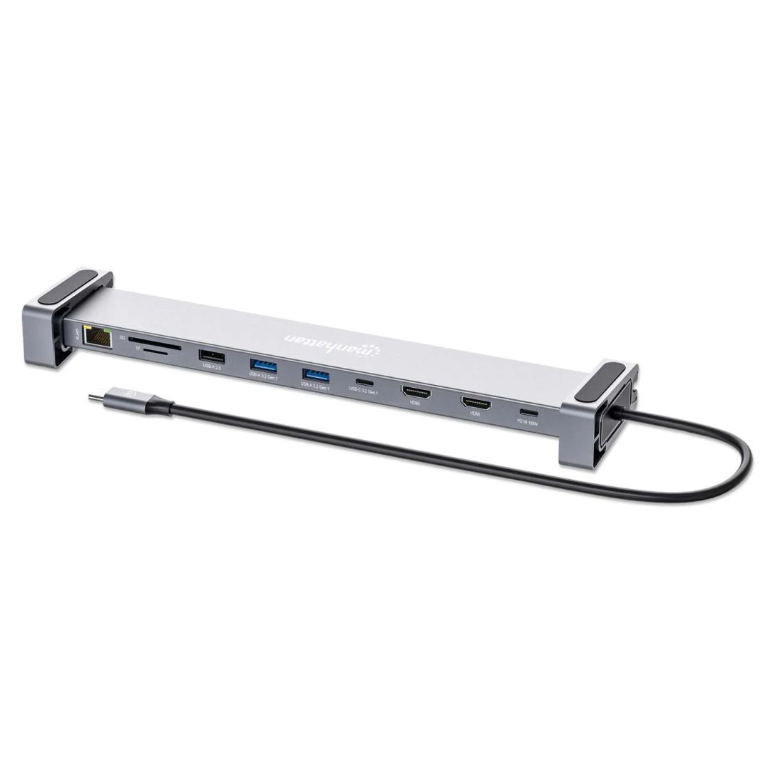 Manhattan USB-C PD 10-in-1 Dual-HDMI Monitor Docking Station Multiport Hub Silver
