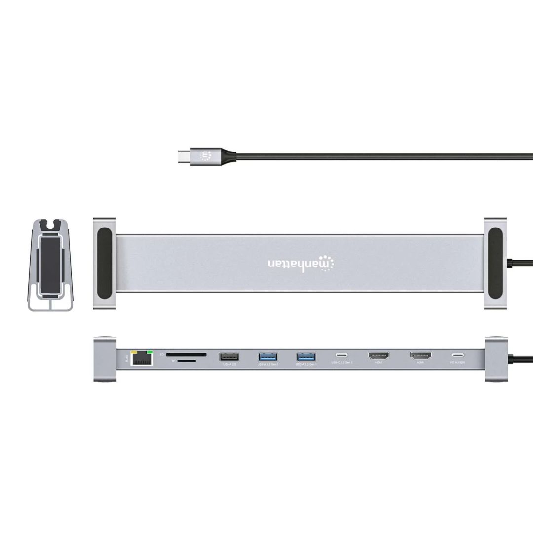 Manhattan USB-C PD 10-in-1 Dual-HDMI Monitor Docking Station Multiport Hub Silver