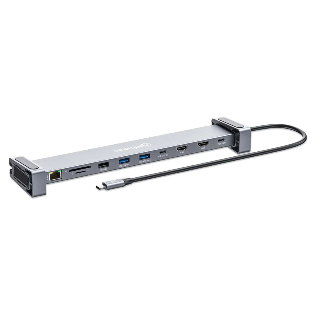 Manhattan USB-C PD 10-in-1 Dual-HDMI Monitor Docking Station Multiport Hub Silver