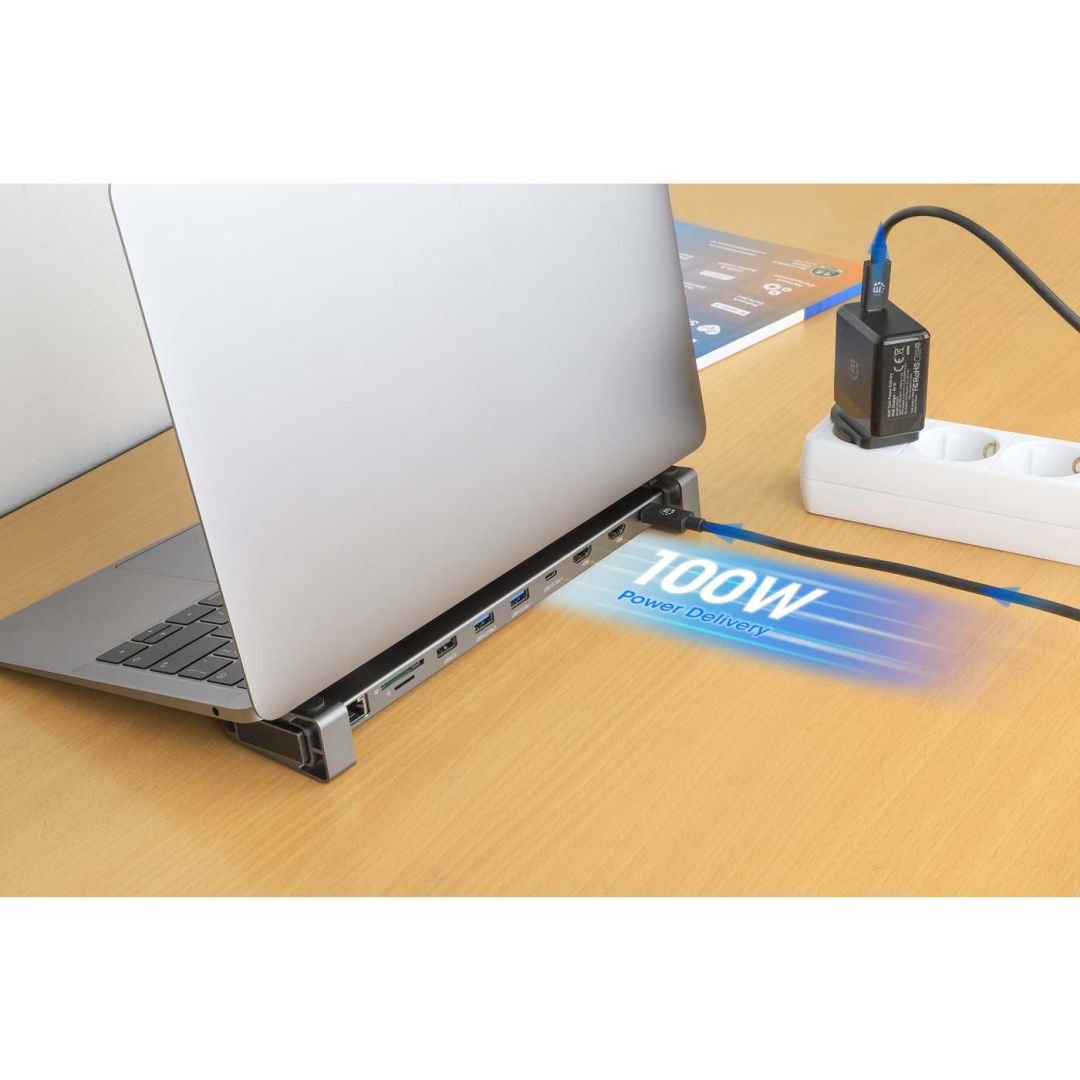 Manhattan USB-C PD 10-in-1 Dual-HDMI Monitor Docking Station Multiport Hub Silver