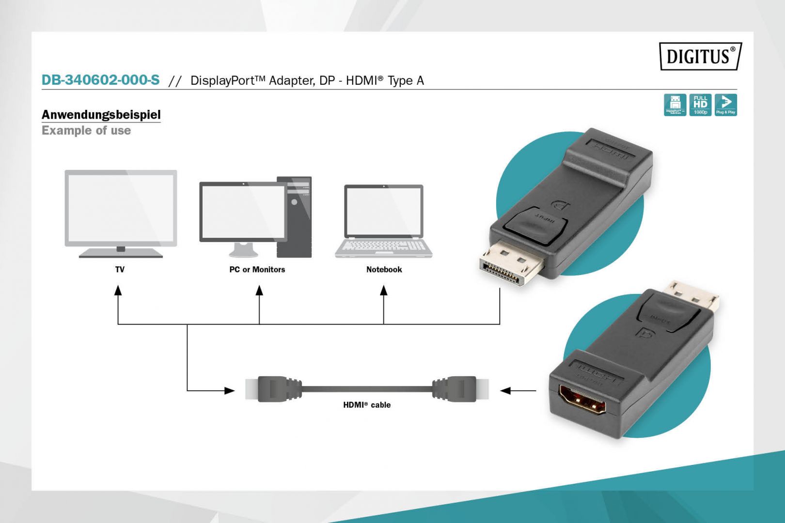 Digitus DisplayPort adapter, DP - HDMI type A Black