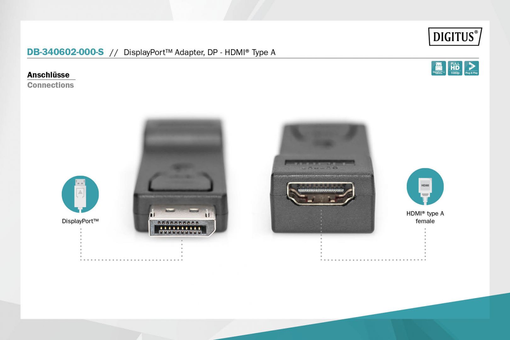 Digitus DisplayPort adapter, DP - HDMI type A Black