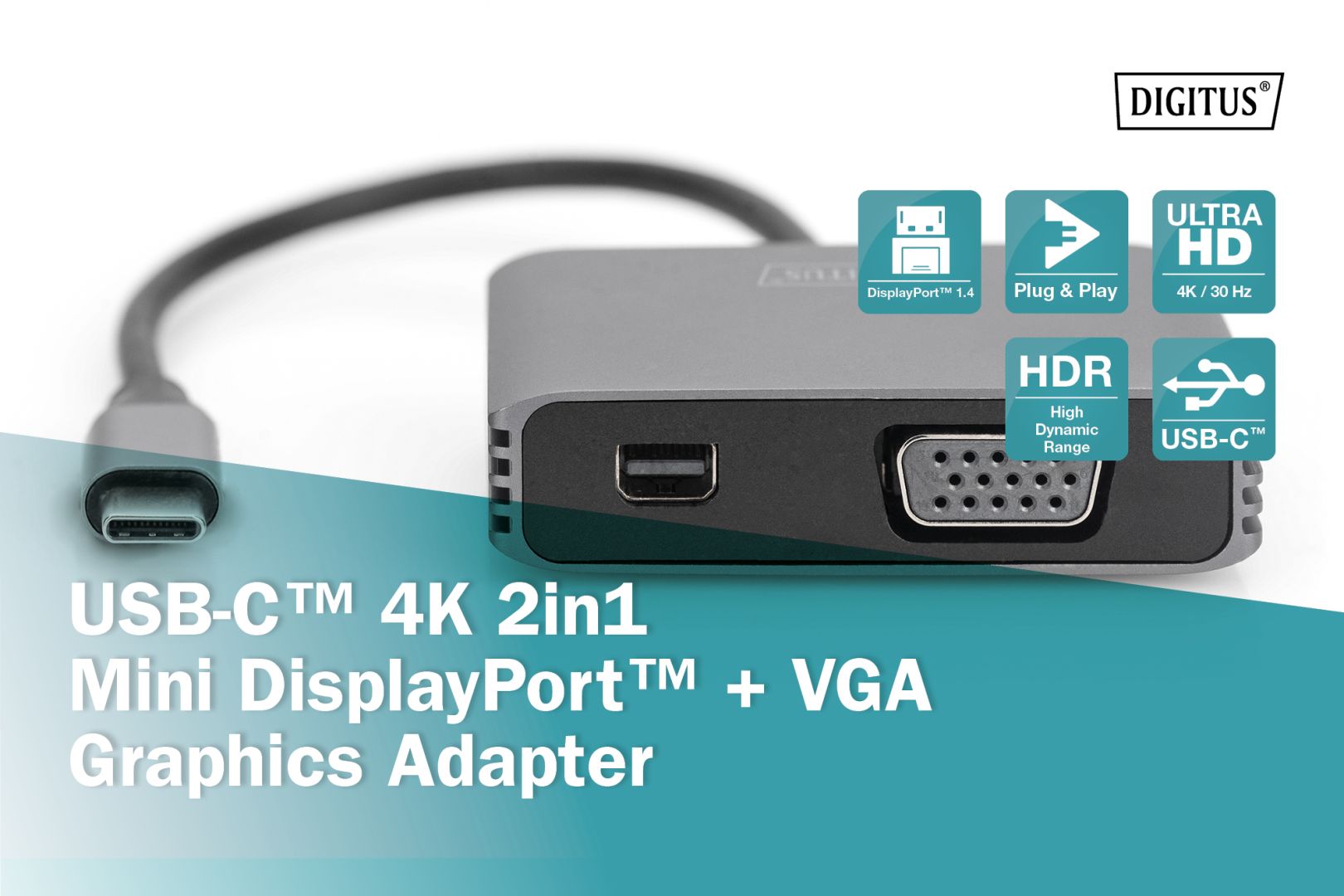 Digitus DA-70825 USB Type-C to VGA/miniDisplayPort 4K/30Hz Graphics Adapter Silver