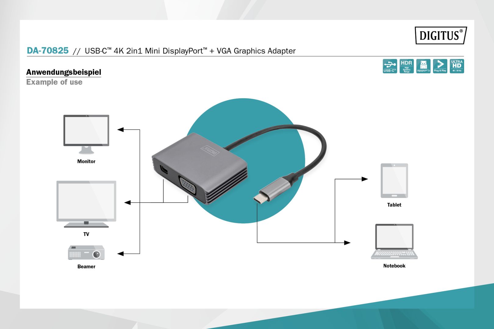 Digitus DA-70825 USB Type-C to VGA/miniDisplayPort 4K/30Hz Graphics Adapter Silver