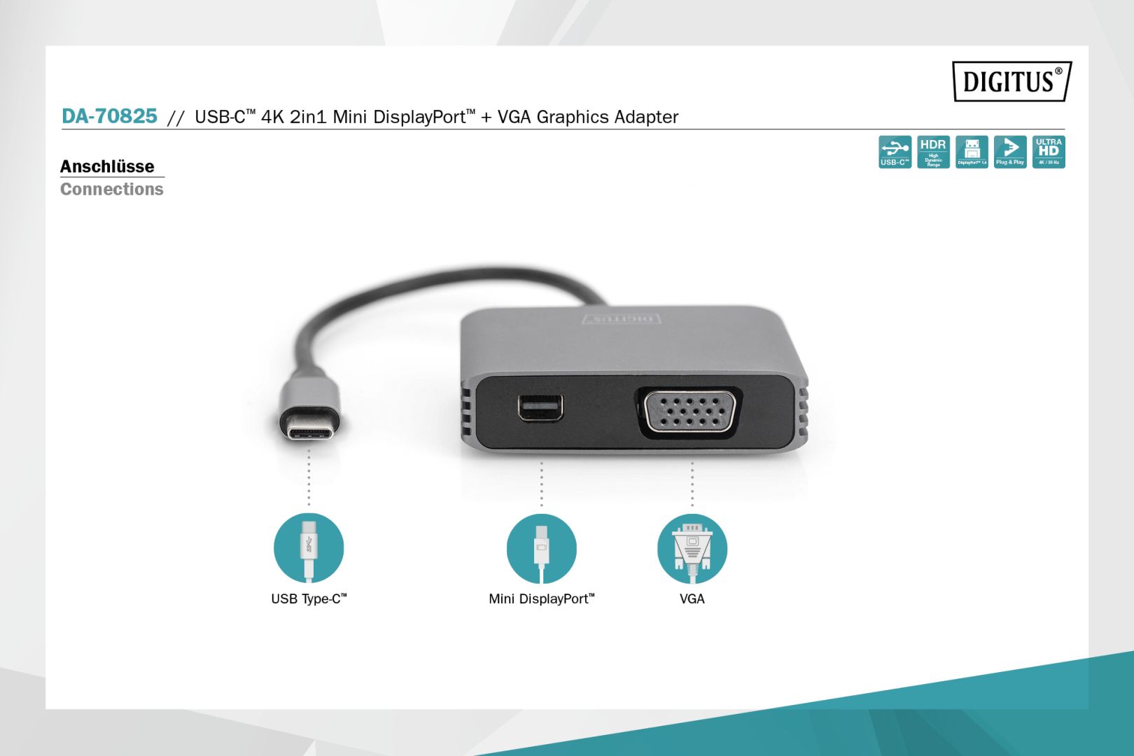 Digitus DA-70825 USB Type-C to VGA/miniDisplayPort 4K/30Hz Graphics Adapter Silver