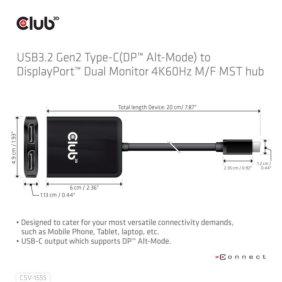 Club3D USB3.2 Gen2 Type-C(DP Alt-Mode) to DisplayPort Dual Monitor 4K60Hz M/F MST hub
