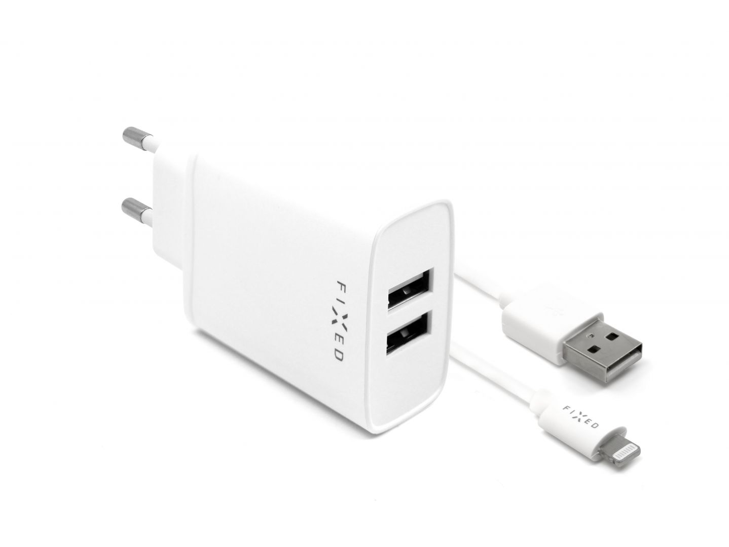 FIXED hálózati telefontöltő, 2 USB kimenet, USB/Lightning 1 m-es MFI kábel a csomagban, 15W Smart gyorstöltés, fehér