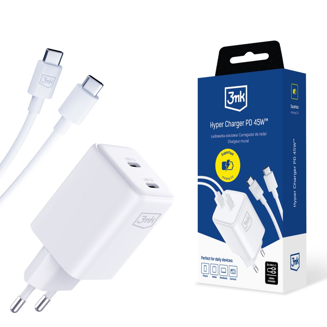 3mk Hyper töltő PD 45W+USB kábel C - C White