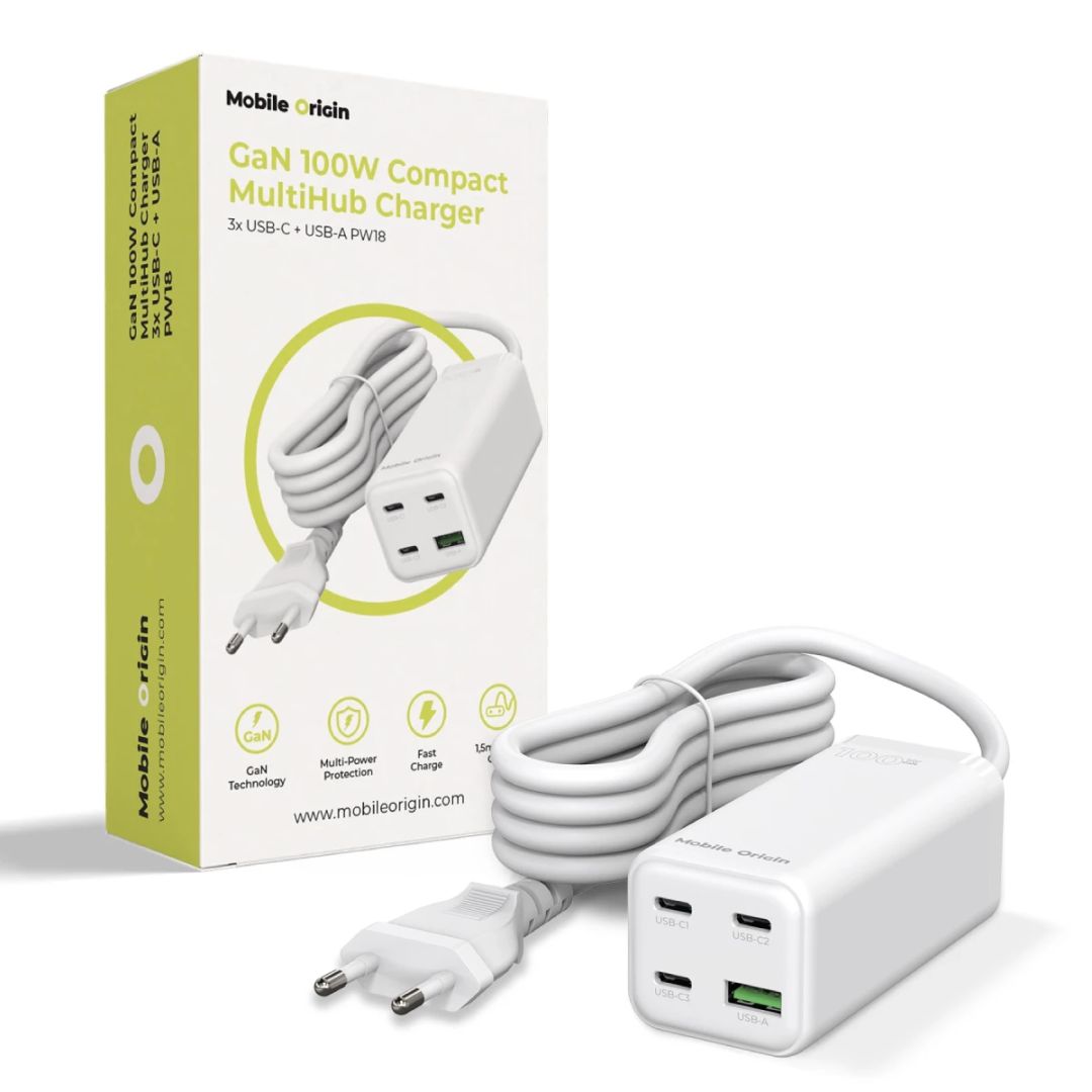Mobile Origin GaN 100W Compact MultiHub Charger PW18 with 3x USB-C + USB-A