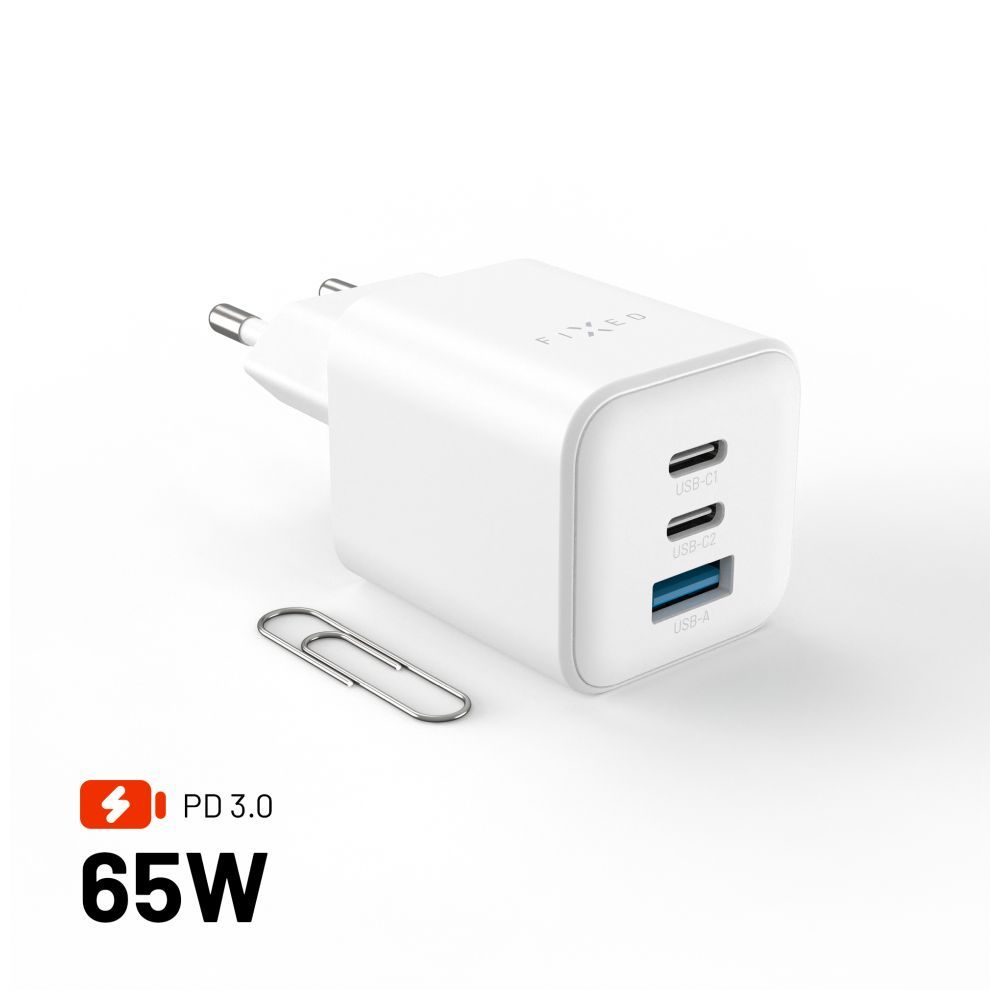 FIXED Mini 2x USB-C, USB-A GaN töltő adapter 65W, fehér
