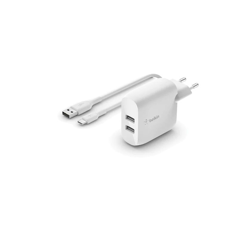 Belkin Dual USB-A Charger 24W USB-C Cable 1m White