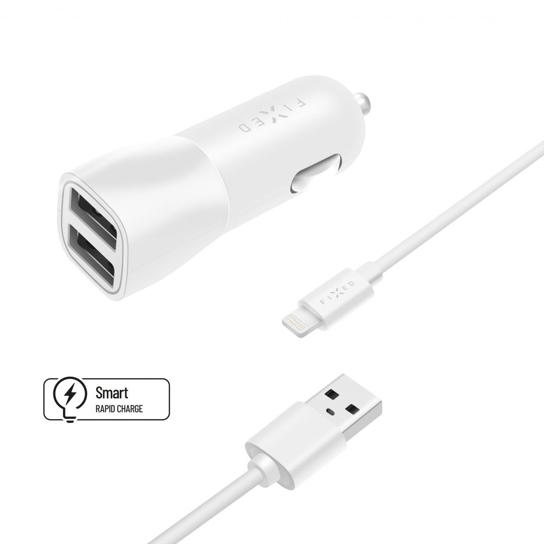 FIXED Dual USB Car Charger 15W + USB/Lightning Cable, Fehér