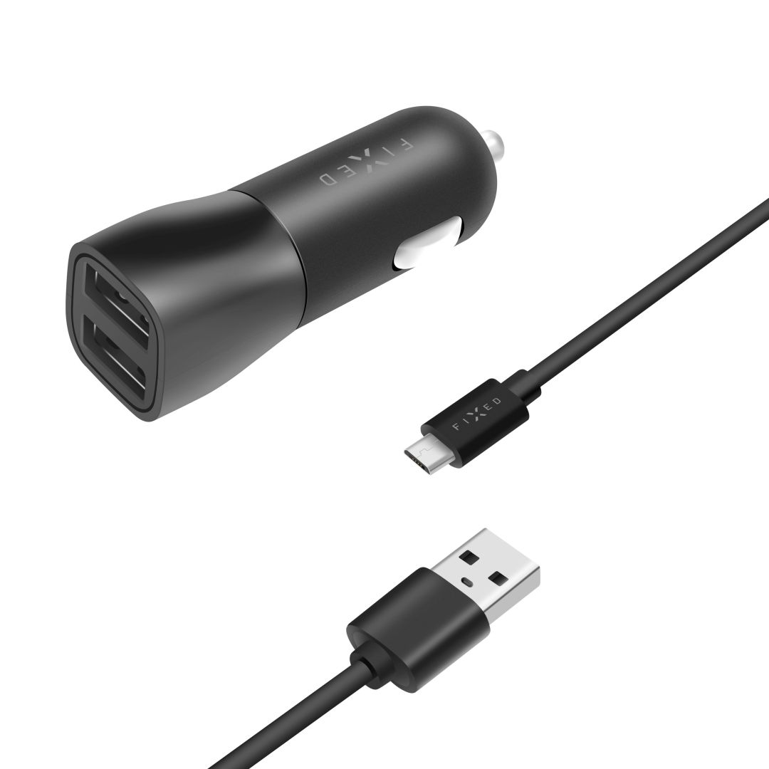 FIXED USB autós töltő, 2*USB-A kimenet, 15W + USB/mikro USB kábel, fekete