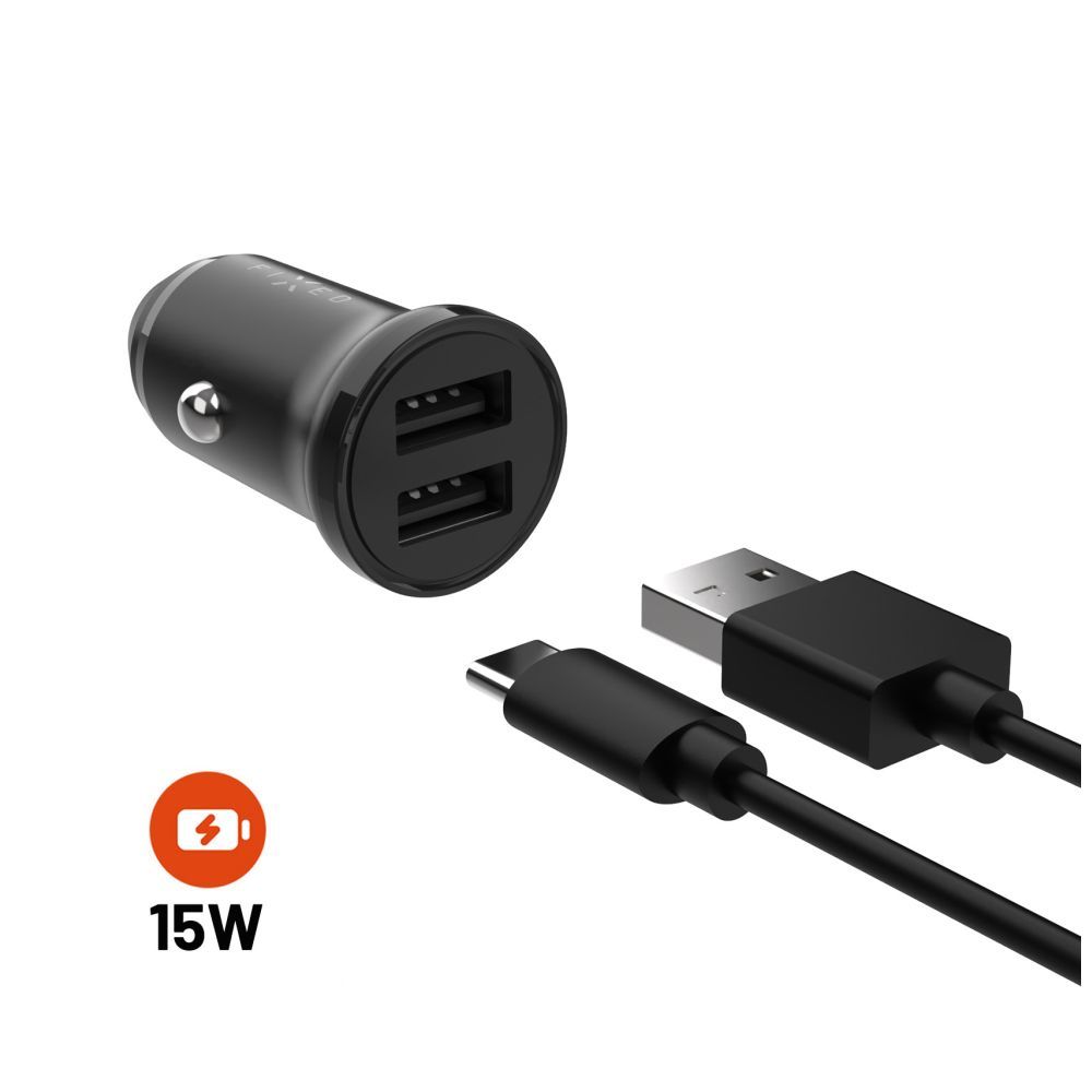 FIXED USB autós töltő 2 USB aljzattal 15W + USB/USB-C kábel, fekete, FIXCC15N-2UC-BK