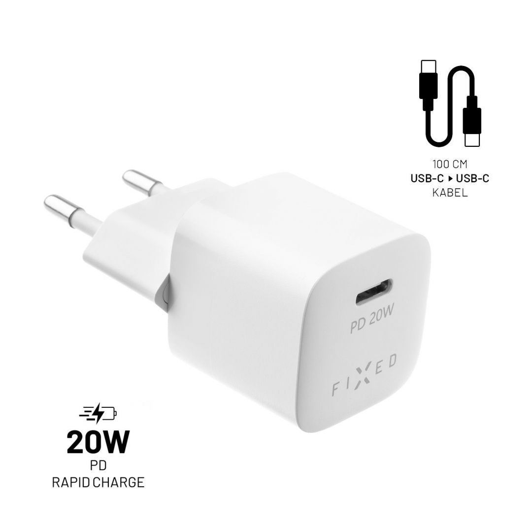 FIXED Mini utazó hálózati USB töltő 20W + USB-C/USB-C kábel, Fehér