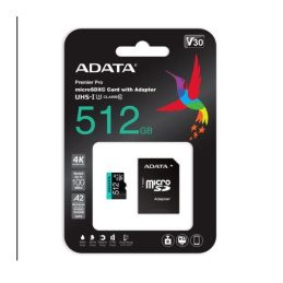 A-Data 512GB microSDXC Premier Pro Class 10 UHS-I U3 A2 V30 + adapterrel