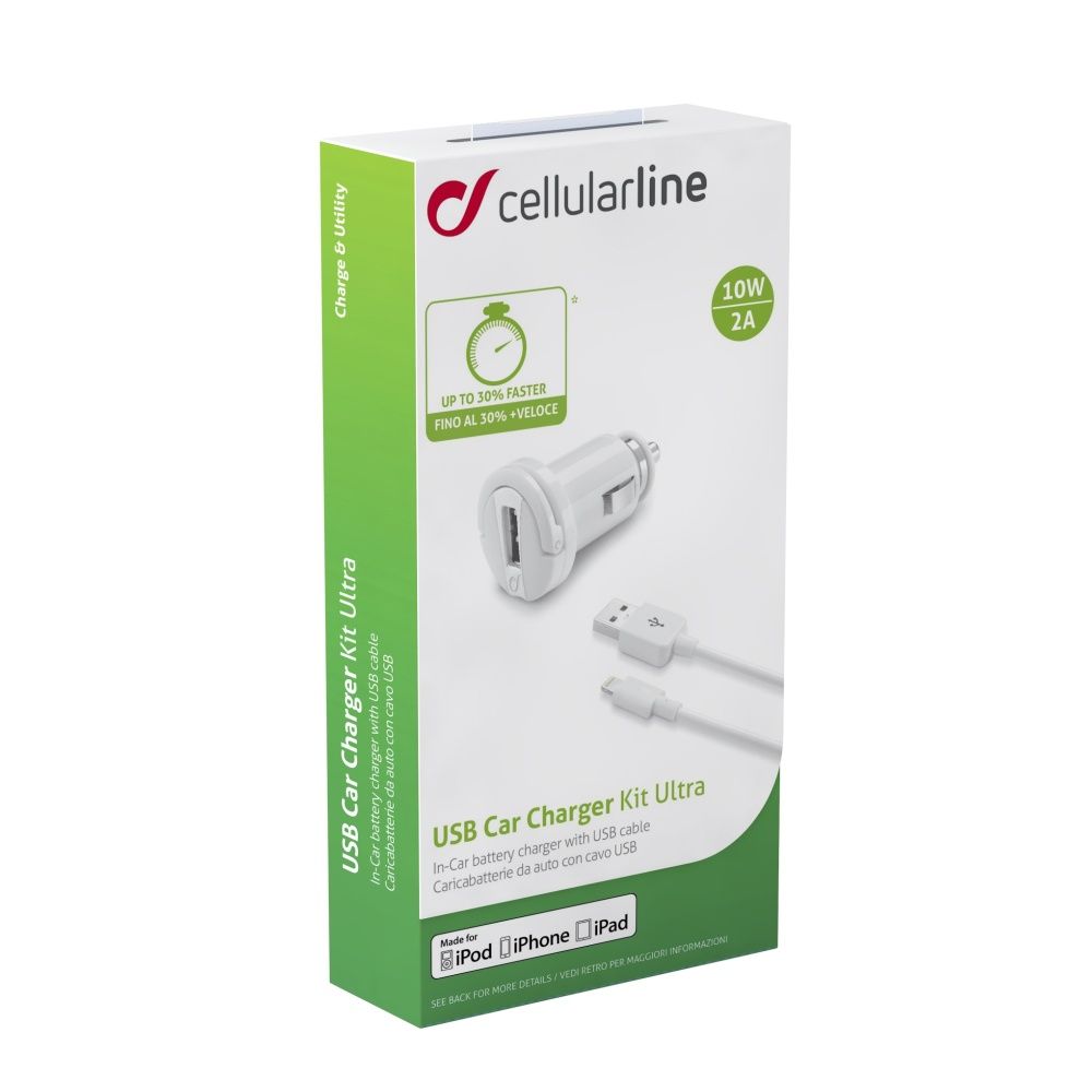 Cellularline Ultra car charger in a set with data cable with Lightning connector White