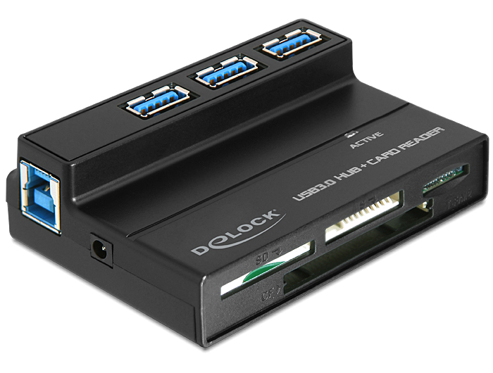 DeLock USB 3.0 Card Reader All in 1 + 3 Port USB 3.0 Hub Black